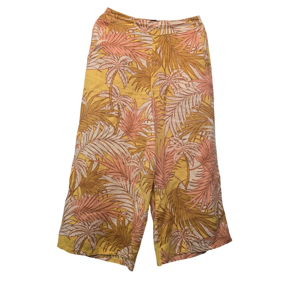 TAHARI 100% Linen Tropical Palm Wide Leg Pants M Resort Coastal Boho Preppy